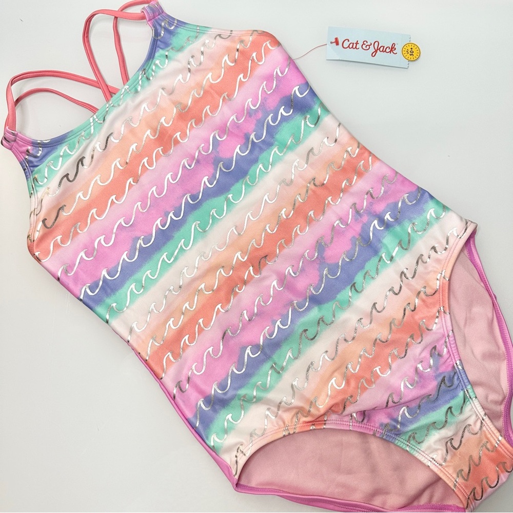 Cat & Jack One Piece Swim Suit XL Metallic Waves